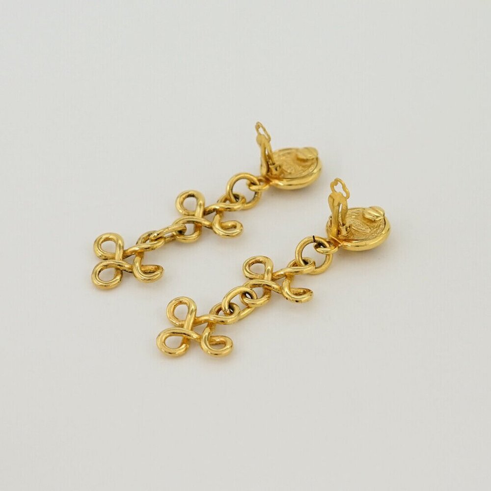 CHANEL CC Logos Cross Dangle Clip-On Earrings Gold Tone 93P Auth w/Box p10591 - Picture 3 of 6